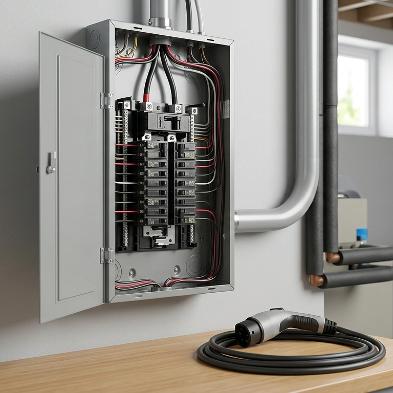 open electrical panel box with labeled circuit breakers