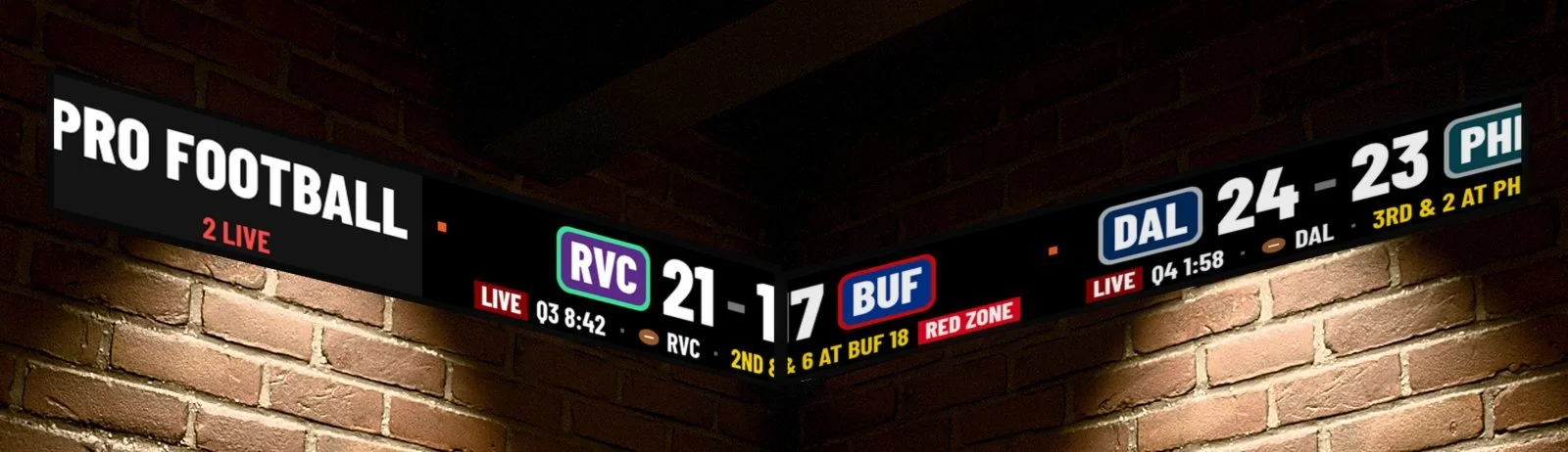 Concept rendering of an LED sports ticker wrapping around a brick corner, showing live pro football scores with team abbreviations in colored badges