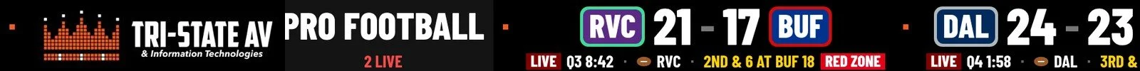 Sports ticker strip with a venue logo marker between score loops