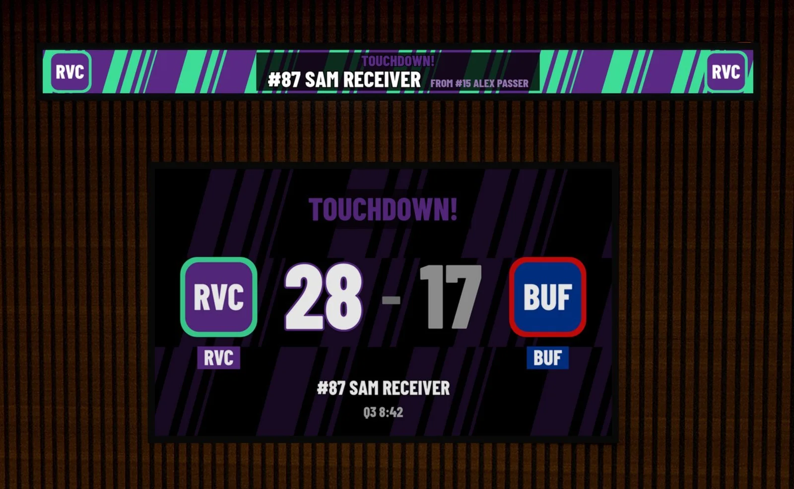 Concept rendering of a home fan cave with a TOUCHDOWN takeover on the LED ticker above a TV showing the same 28 to 17 score