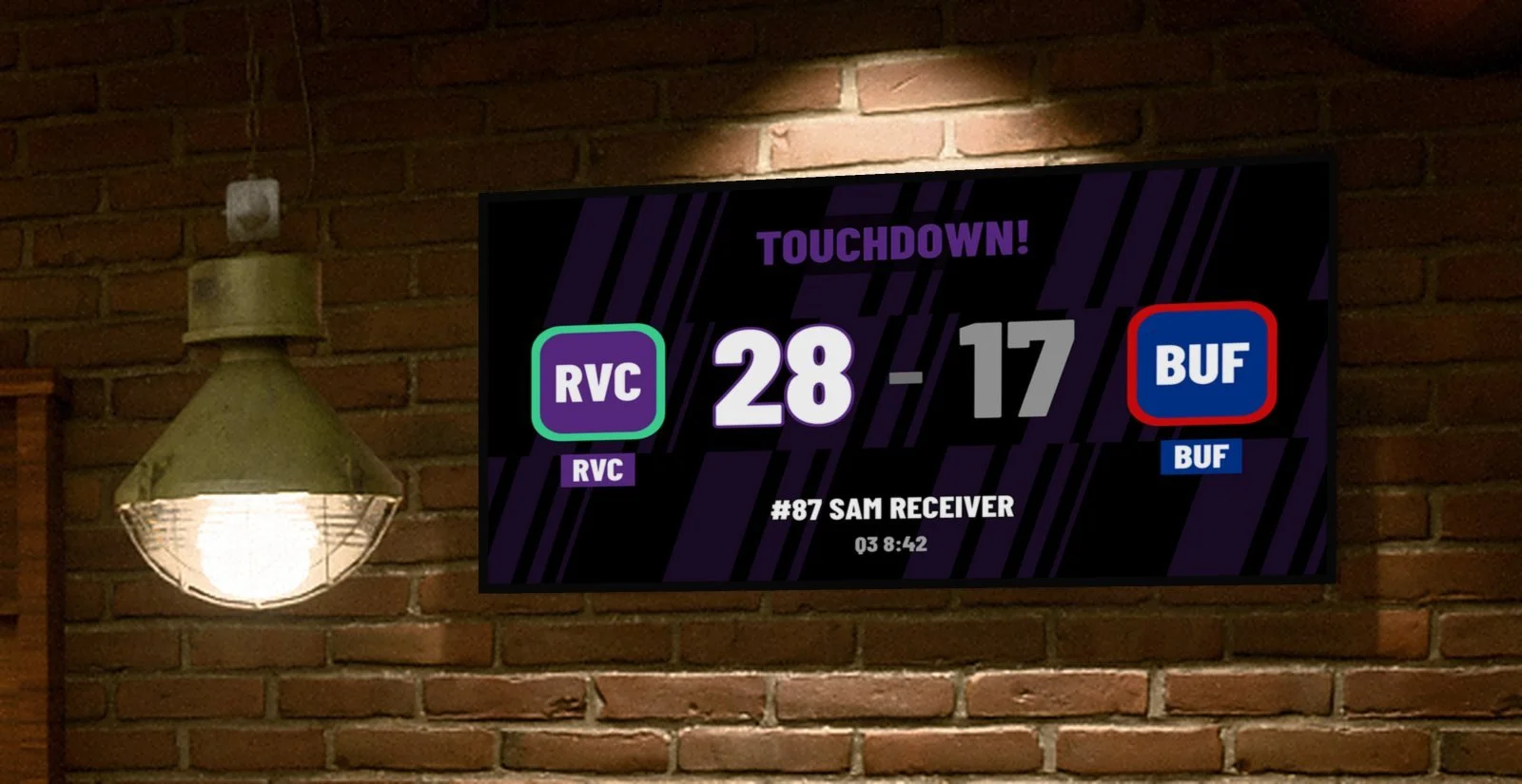 Concept rendering of a bar TV scores channel on a TV above a brick back bar, showing a full-screen TOUCHDOWN takeover with the score RVC 28 BUF 17