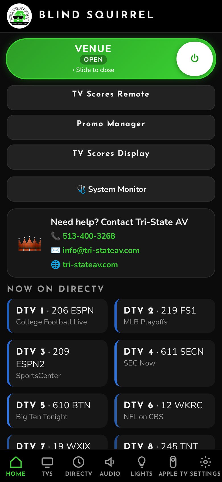 CrownPoint Control on a phone: Home on a phone: slide to open or close the venue, quick links and live TV listings