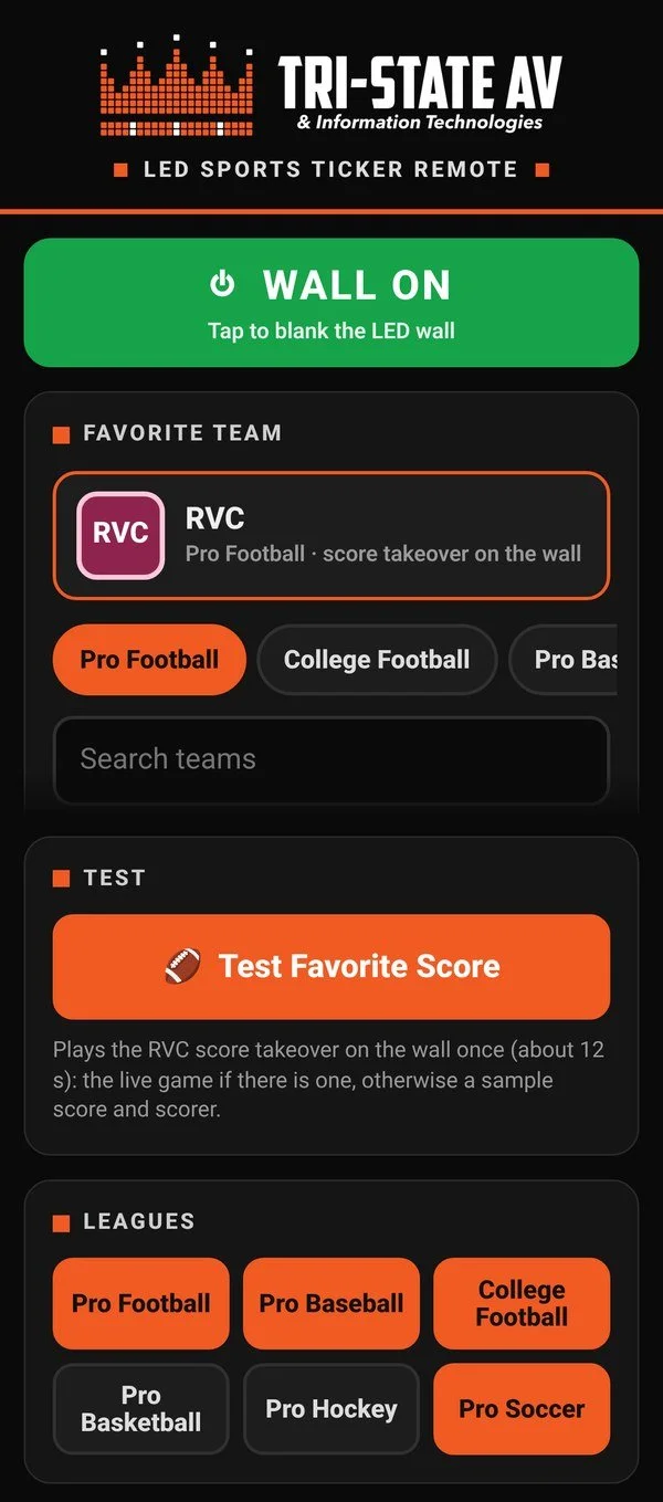 Sports ticker phone remote screen with wall on/off, a favorite team picker, a test score button and league choices