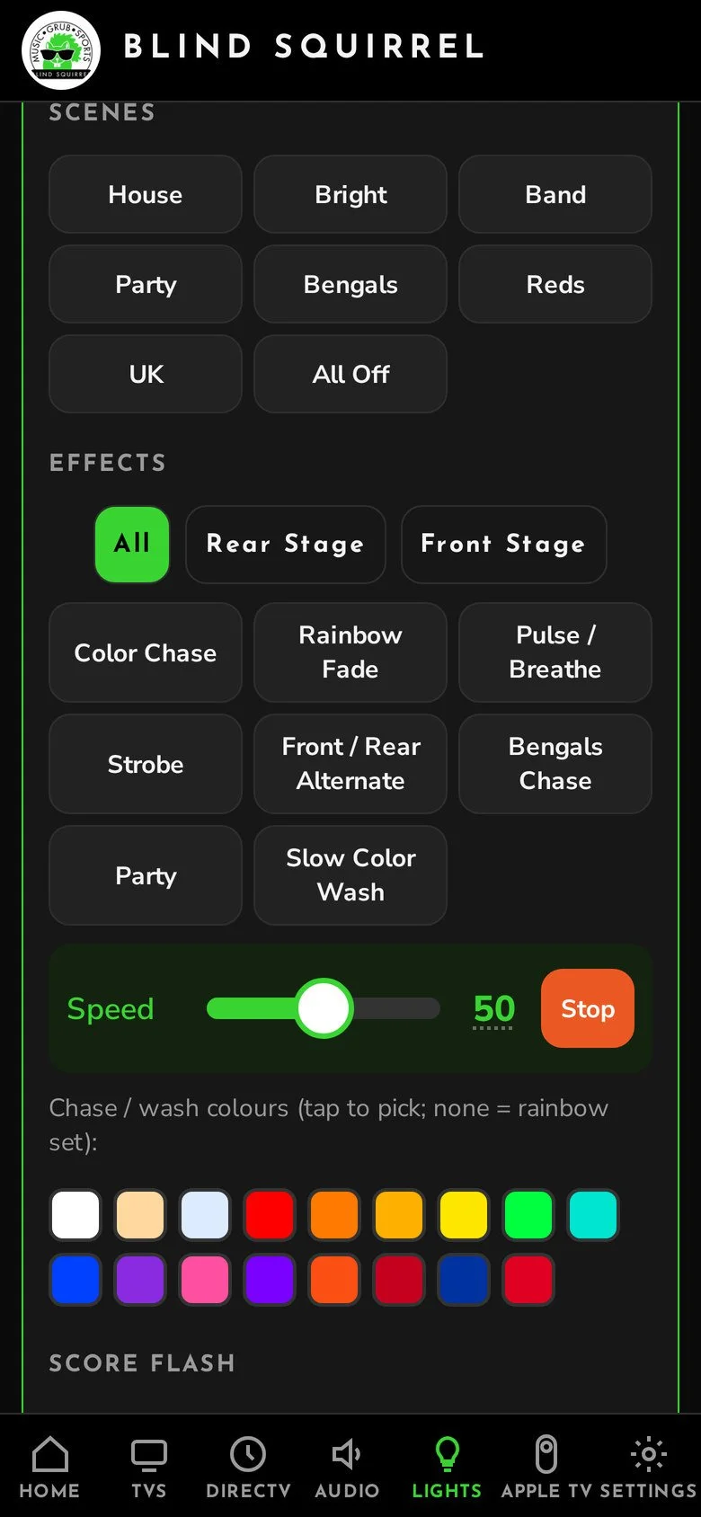 CrownPoint Control on a phone: Stage scenes and effects with speed control and chase colours