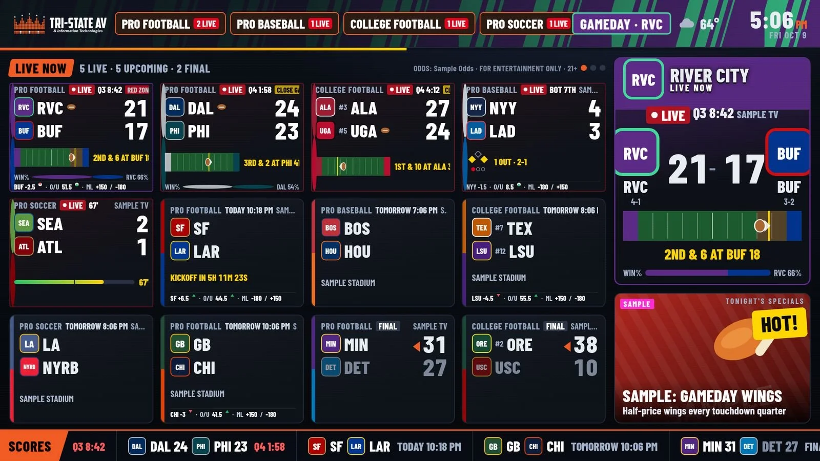 Bar TV scores channel showing a grid of live pro and college football, baseball and soccer games with team abbreviations in colored badges, a live favorite-team panel and a specials panel