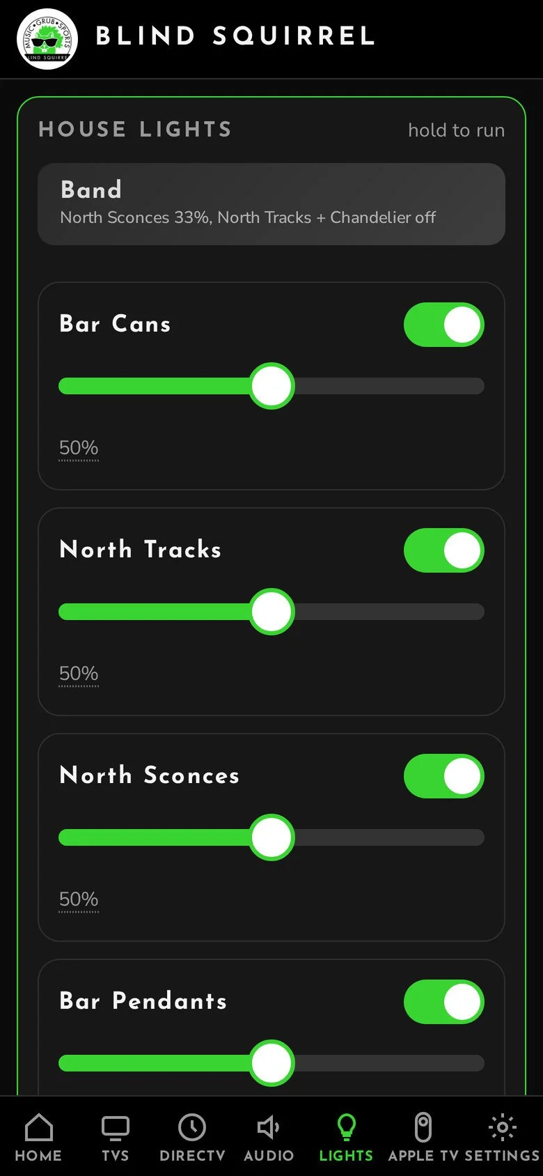CrownPoint Control on a phone: House lights: Band scene and one-tap dimmers for each area