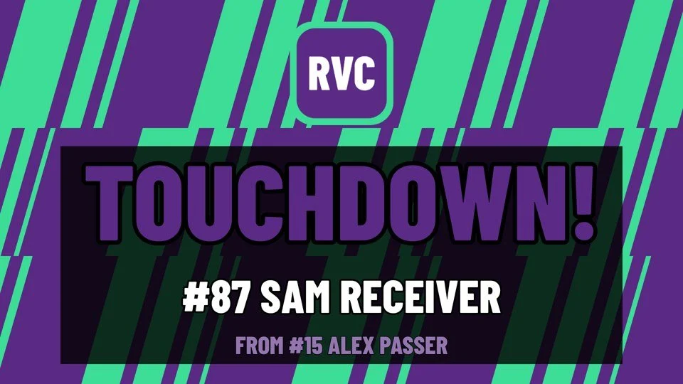 Full-screen TOUCHDOWN takeover on the TV scores channel with the scorer and passer on a striped background