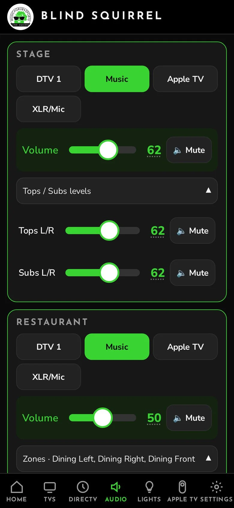 CrownPoint Control on a phone: Audio: Stage tops and subs levels open, with the Restaurant zone below