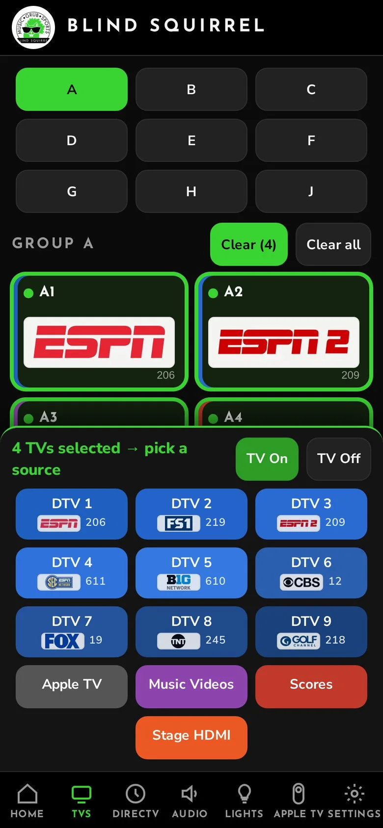 CrownPoint Control on a phone: Four TVs selected; the source sheet slides up to route them in one tap