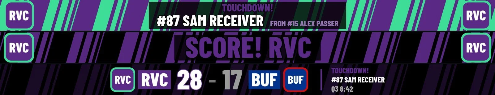 Three frames of a favorite-team takeover on the LED ticker: TOUCHDOWN with the scorer’s name and number, a SCORE! flash and the score line