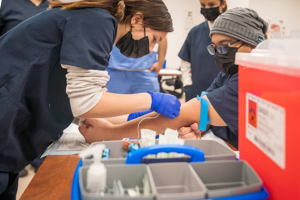 a female phlebotomist carefully insert the blood collection needle