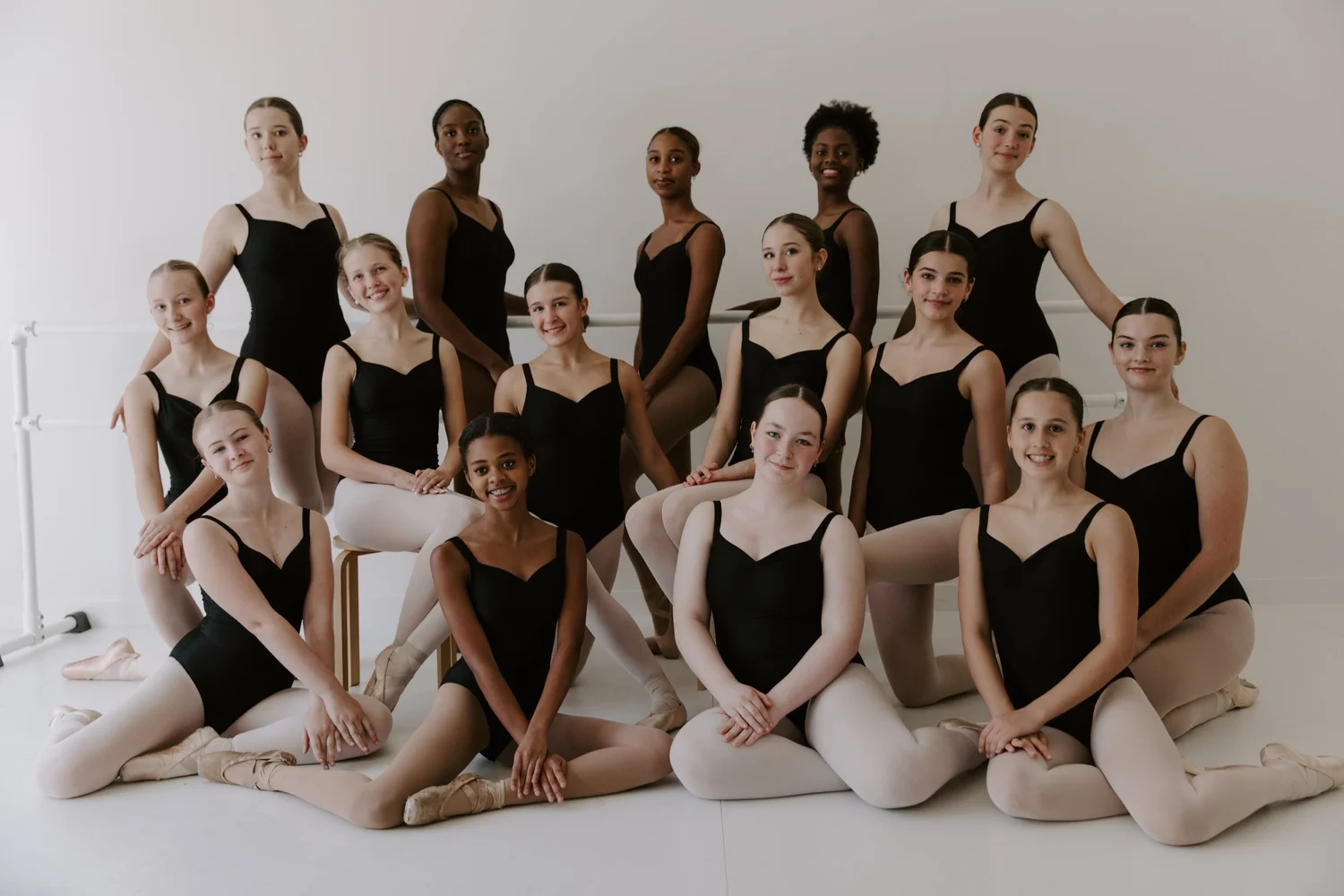Company 5 dancers posed at the barre