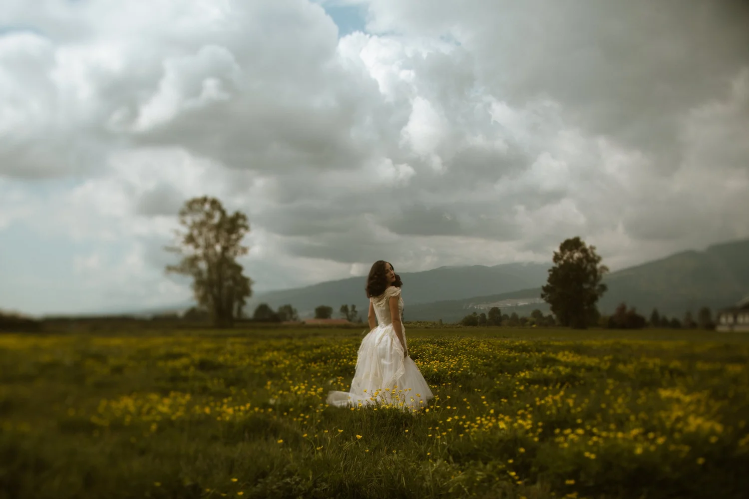 Bride in a field of buttercups under a stormy sky