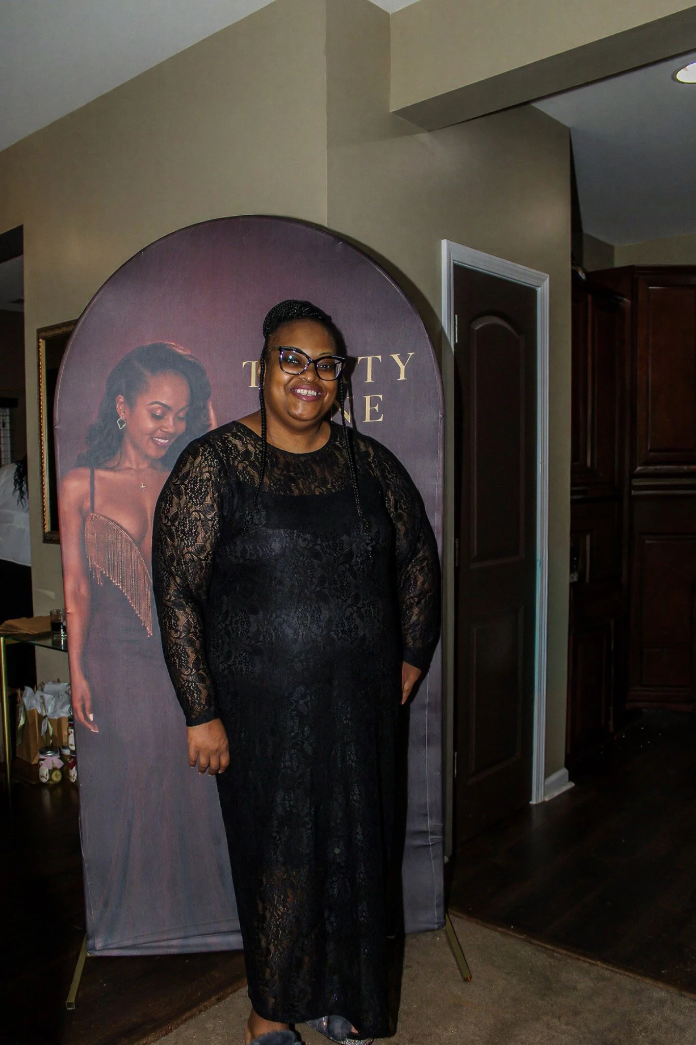 Guest portrait beside the thirty-nine birthday backdrop