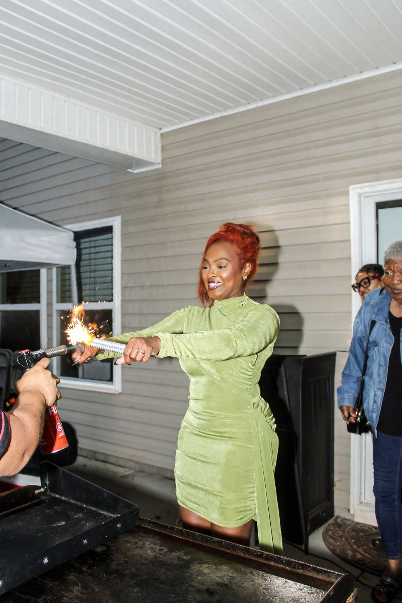 Birthday celebration with sparklers on the patio