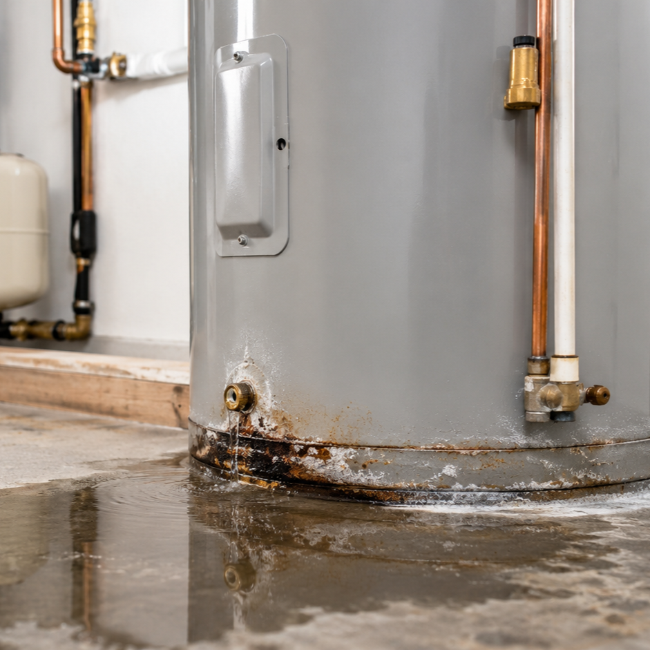 rusted residential water heater leaking at base pan