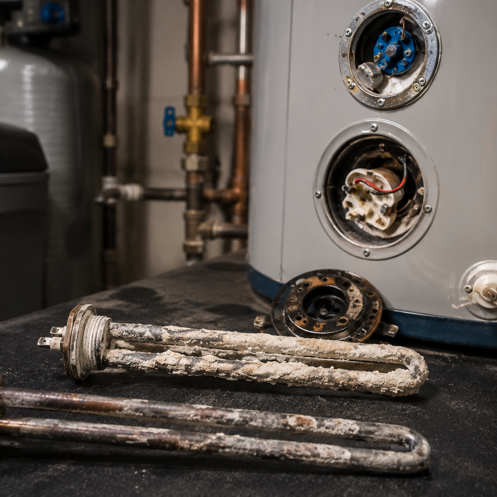 corroded electric water heater element submerged in tank sediment
