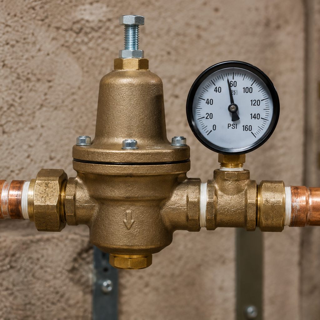brass pressure reducing valve on copper water pipe