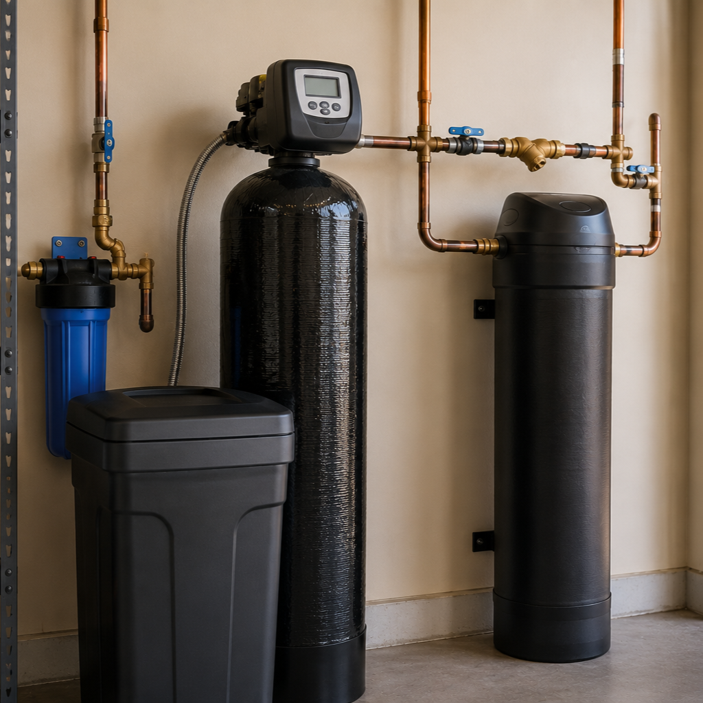 softener unit beside a salt-free conditioner tank