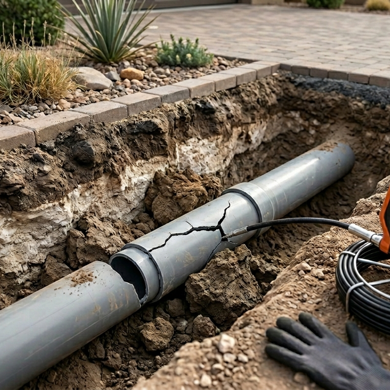 desiccated desert ground cracking around buried sewer pipe