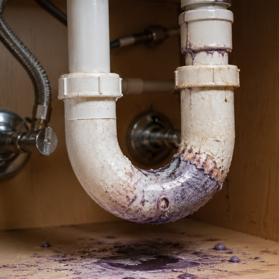 corroded metal pipe eaten by chemical drain cleaner