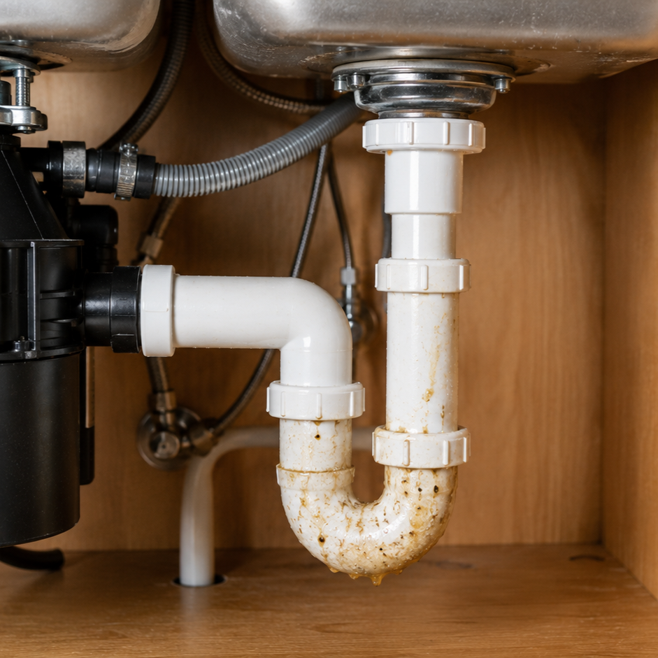 greasy kitchen sink drain pipe clogged with debris