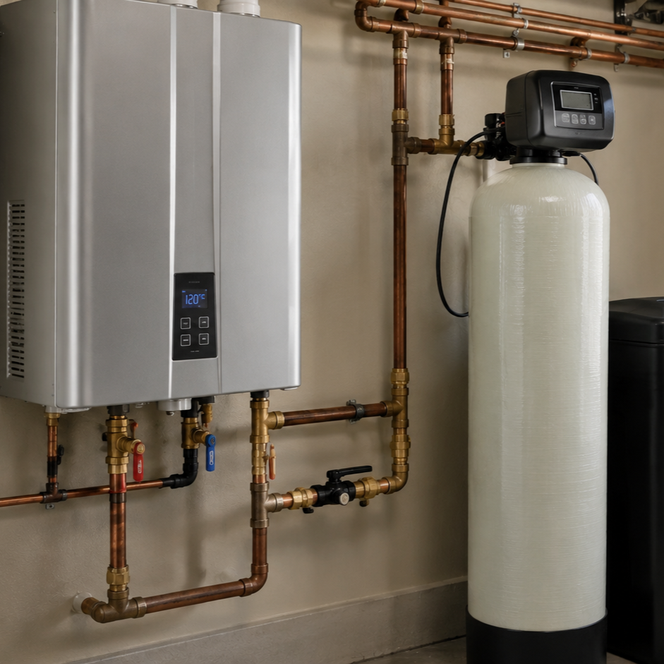 tankless water heater heat exchanger with white calcium scale