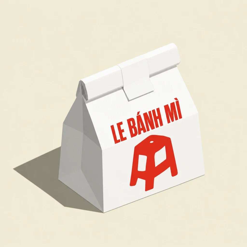Our Le Bánh Mì takeaway bag with its red stool illustration