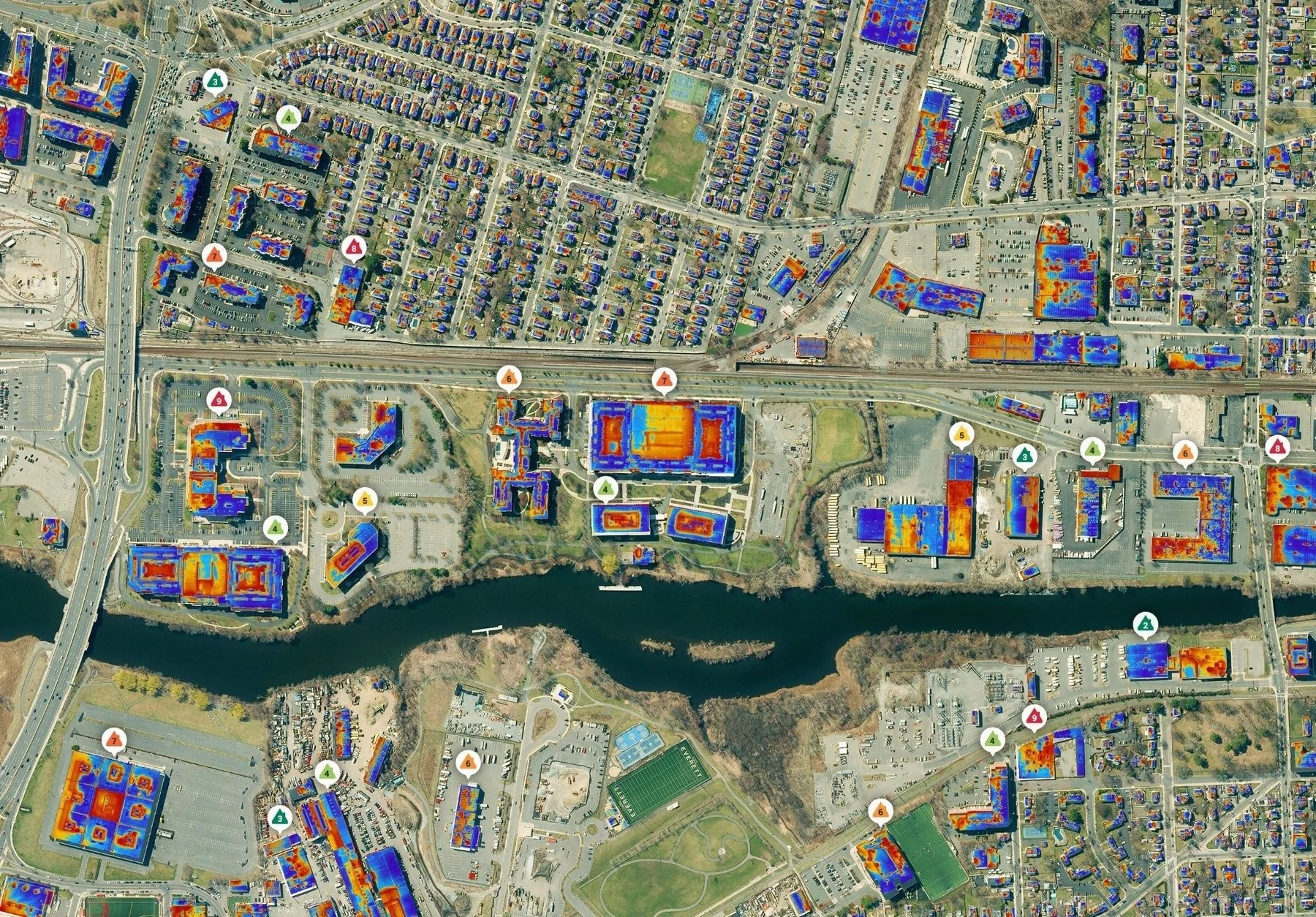 Aerial MyHEAT map showing potential building cooling-loss signals