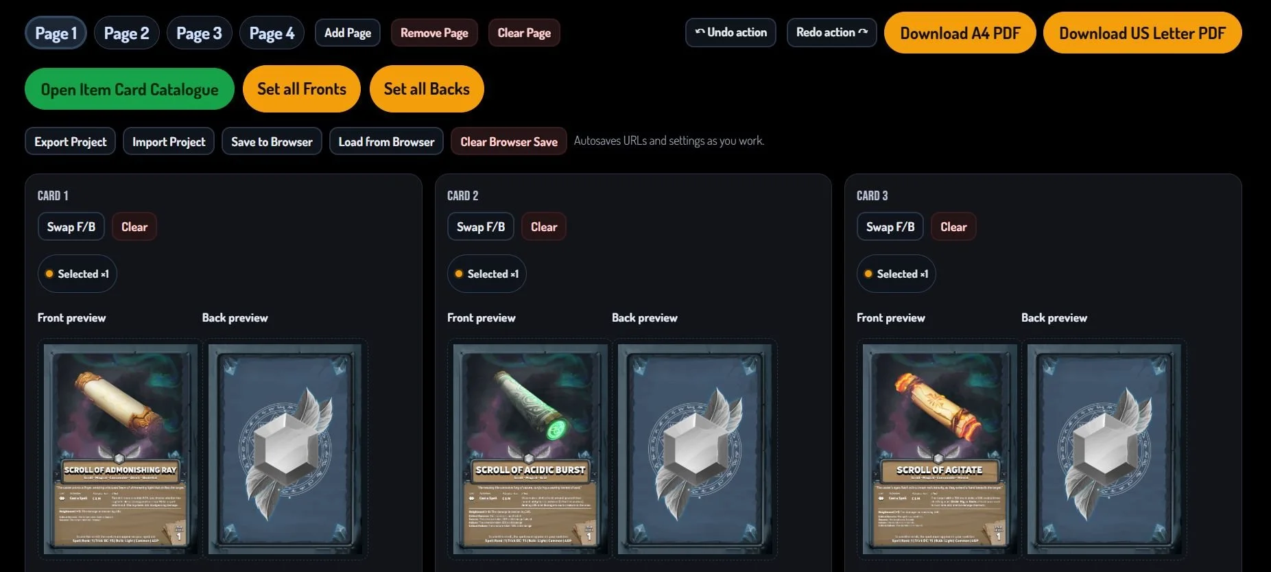 Preview box showing selected item cards arranged and ready to export