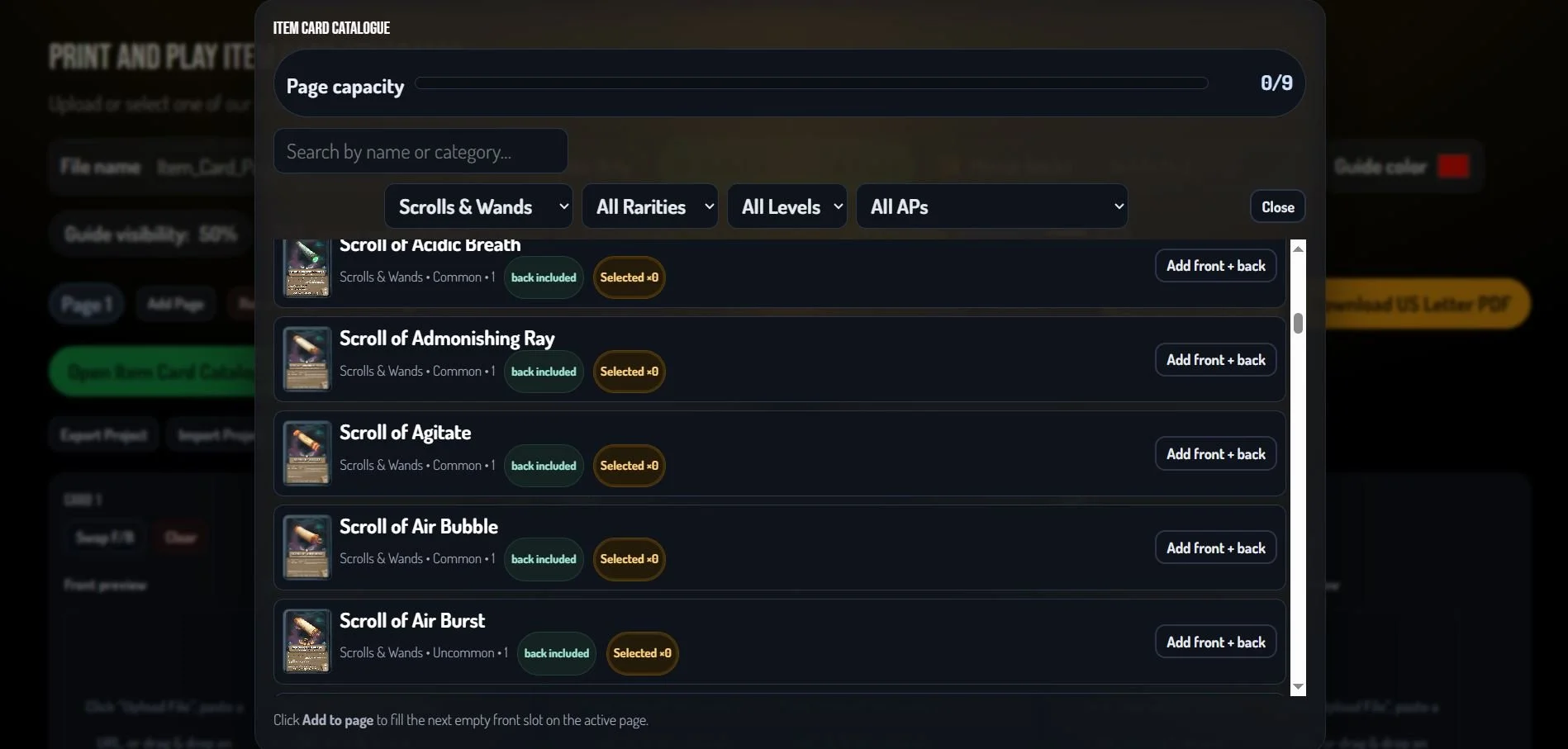 Item card catalogue showing available cards and remaining slots