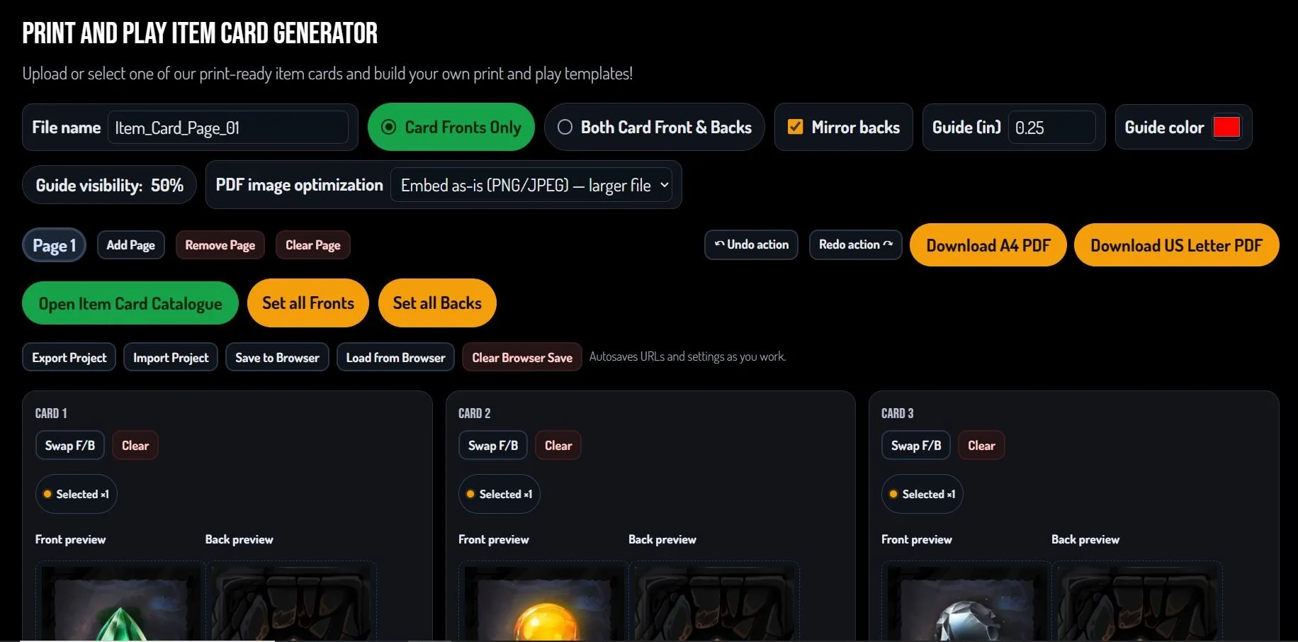 Generator options: guides, fronts/backs, mirror, and layout controls