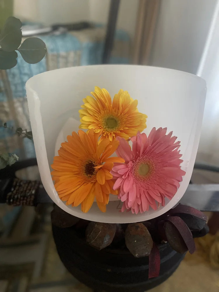 A broken white crystal bowl with pink, orange, and yellow flowers inside, onto of  a machete and Ogun pot. Small leaves and fabrics of various colors and patterns are in the background. 