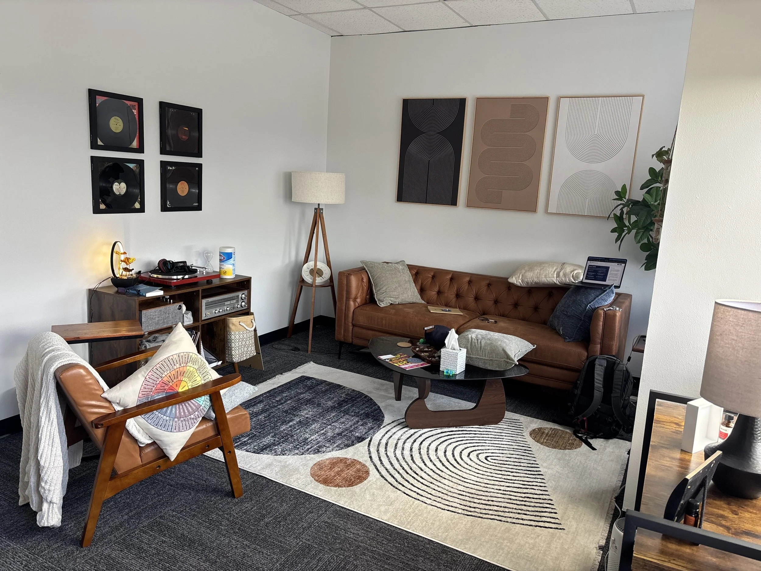 Josh Dix Counseling office — mid-century modern seating area
