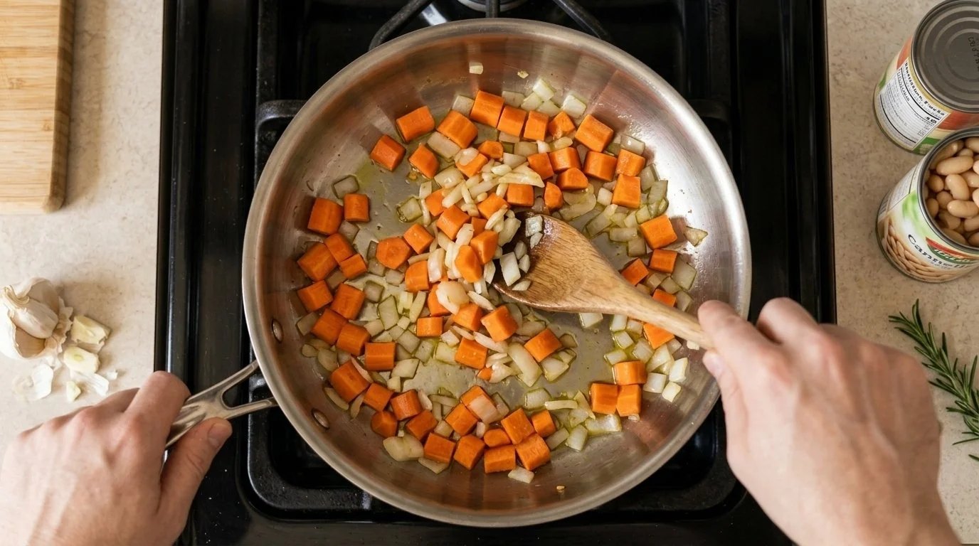 Mediterranean Diet Pasta Fagioli White Bean Soup Bowl - Step 2: Sauté Aromatics