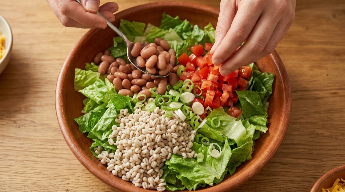 Mediterranean Diet Pork and Barley Bowl - Step 7: Arrange chilled barley, pinto beans, cubed tomatoes, and sliced green onions over lettuce.