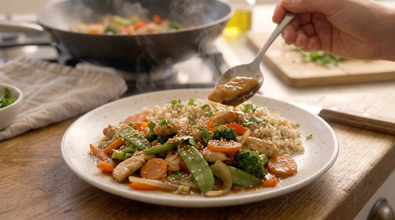 Mediterranean Diet Asian Chicken and Vegetable Stir-Fry Step 9: Plate Over Rice