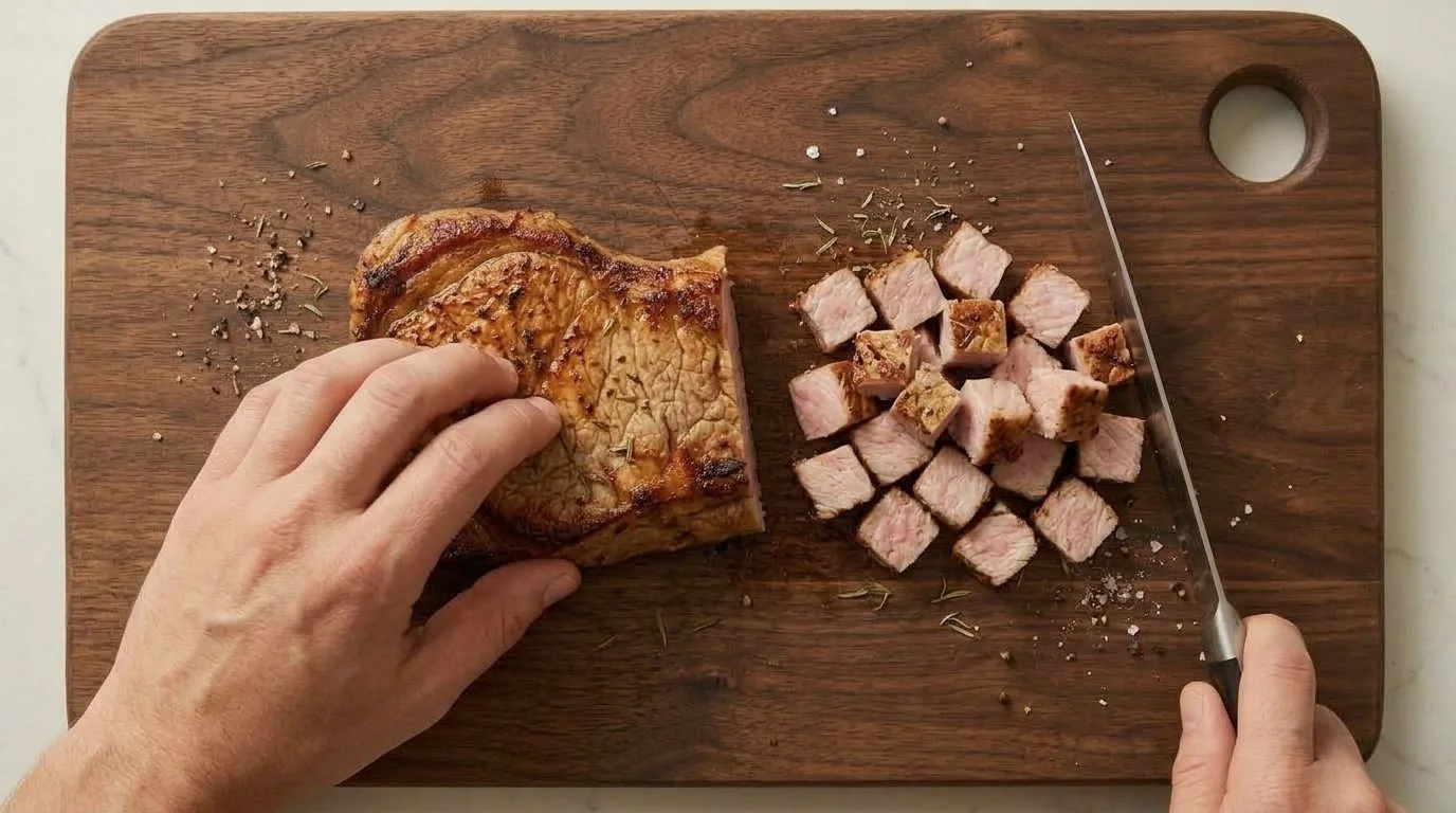 Mediterranean Diet Pork and Barley Bowl - Step 4: Cool roasted pork completely to lock in juices; cut into bite-sized cubes.