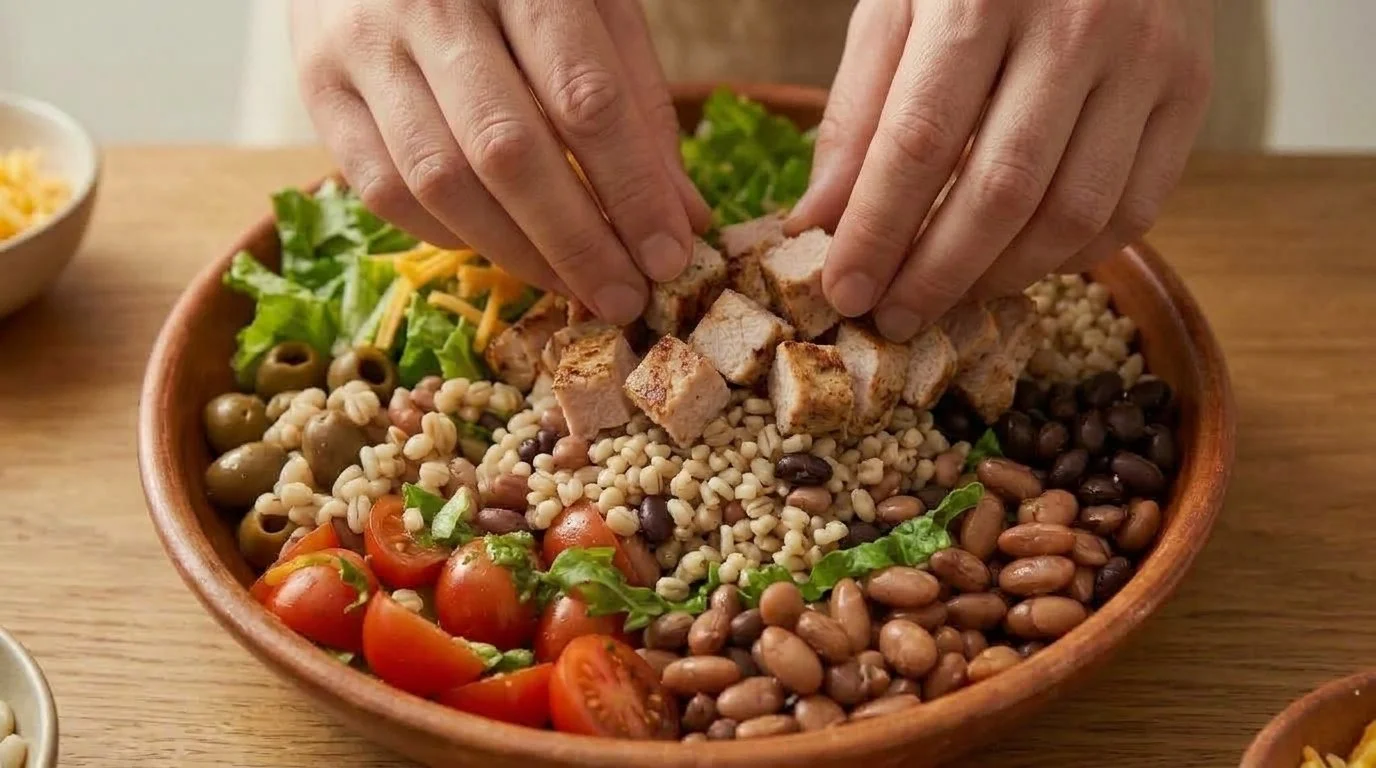 Mediterranean Diet Pork and Barley Bowl - Step 8: Add pork bites and olives on top.