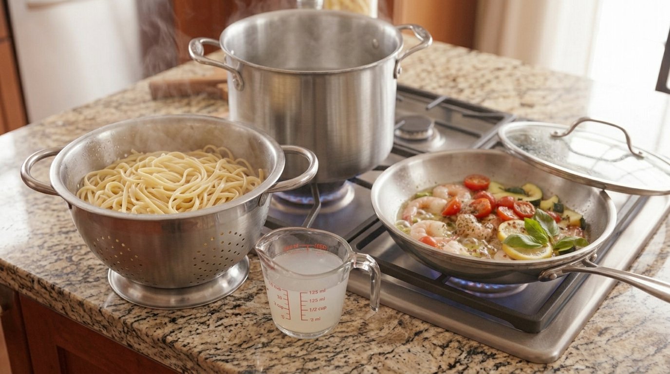 Mediterranean Diet Linguine Shrimp Fra Diavolo - Step 7: Reserve & Drain