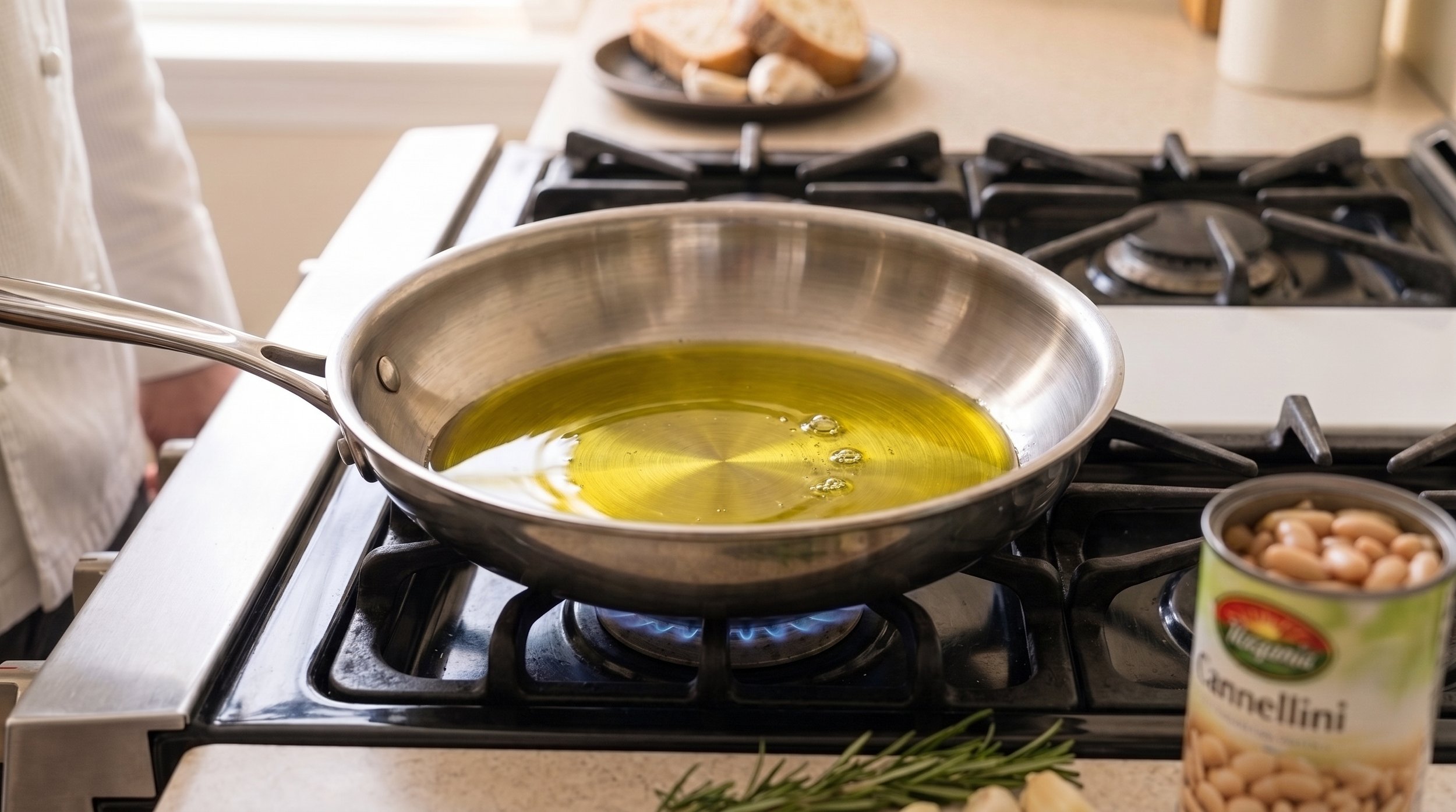 Mediterranean Diet Pasta Fagioli White Bean Soup Bowl - Step 1: Preheat Saucepan