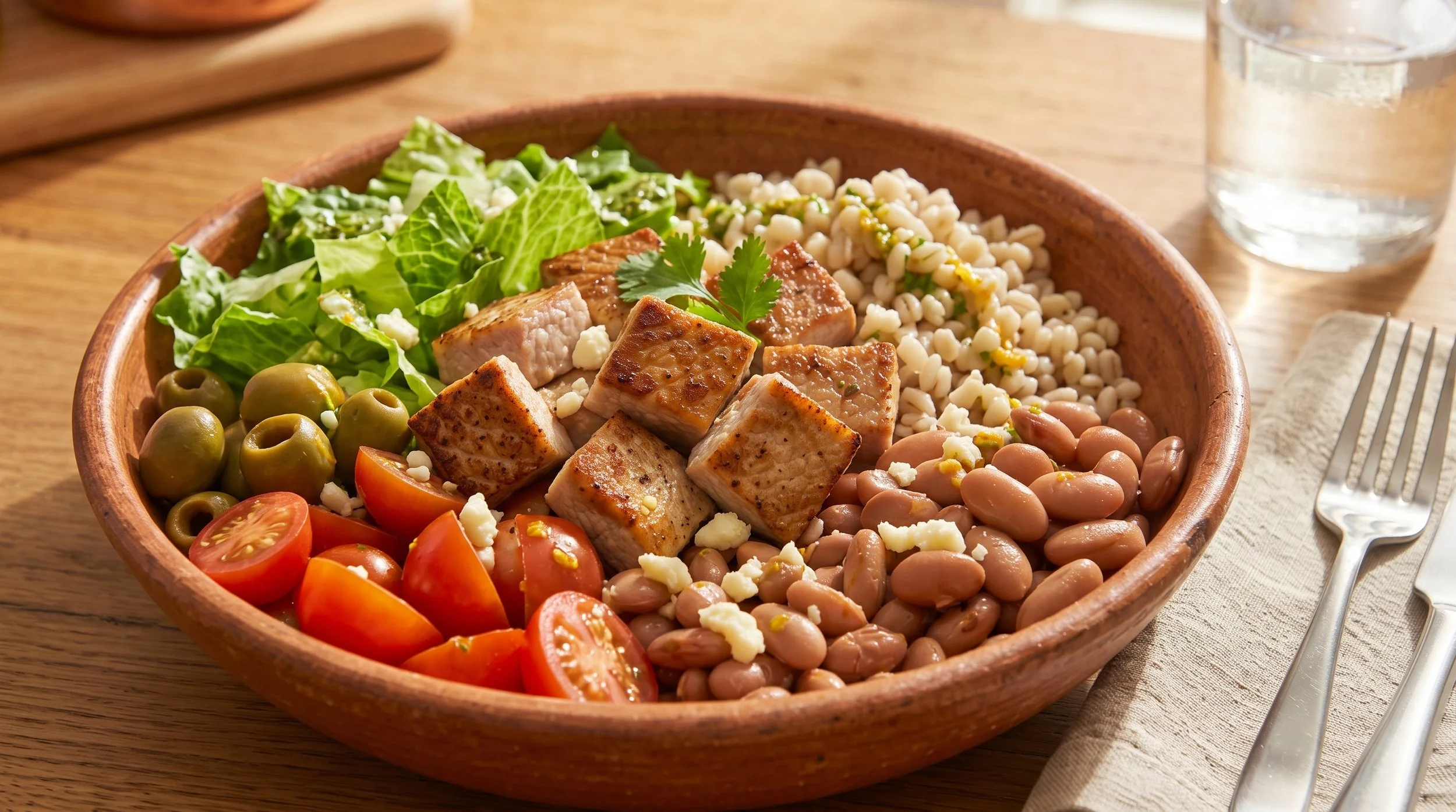 Mediterranean Diet Pork and Barley Bowl
