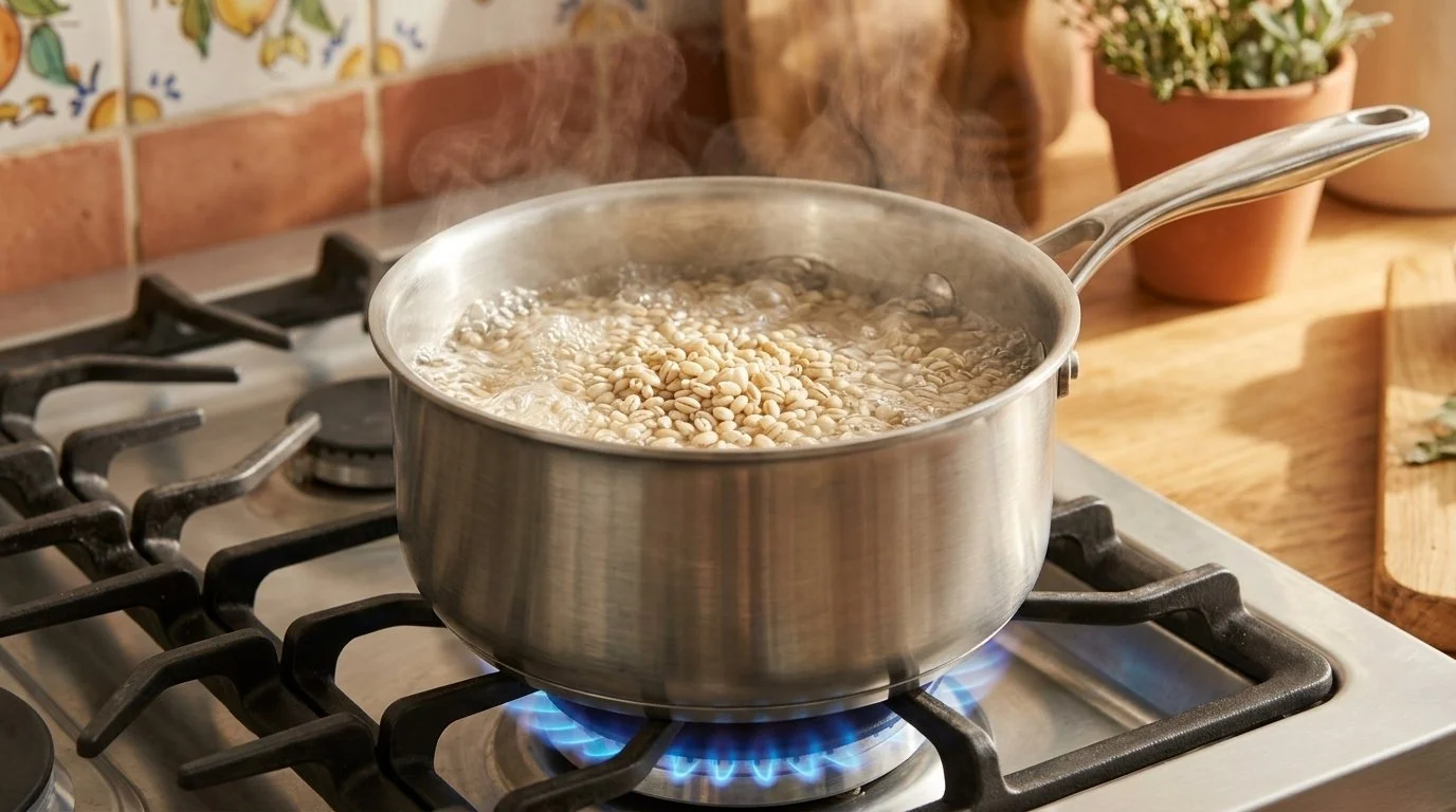 Mediterranean Diet Pork and Barley Bowl - Step 3: Boil 1.5L water with ¼ teaspoon of salt; cook pearled barley 10 mins, rinse, and chill.