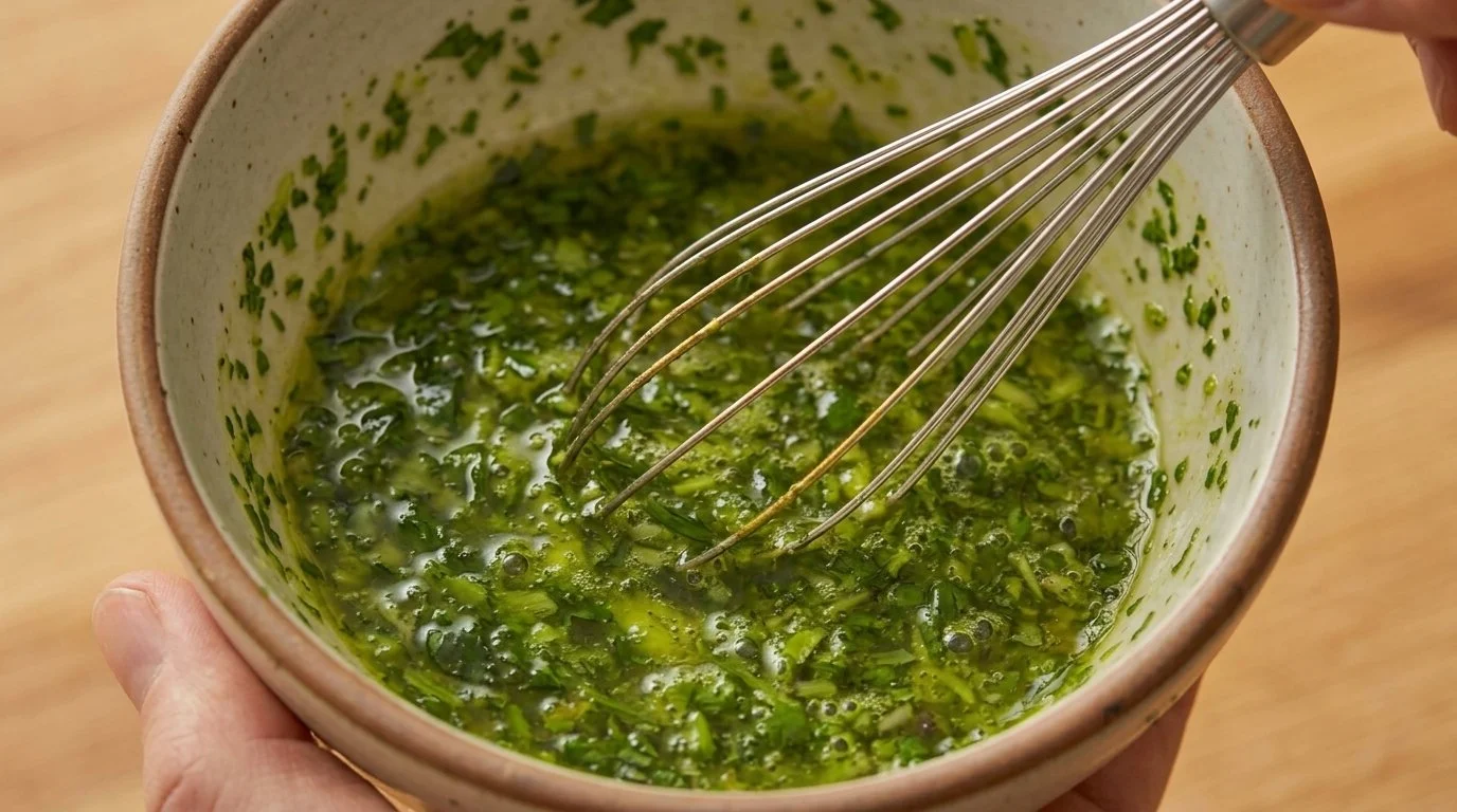 Mediterranean Diet Pork and Barley Bowl - Step 5: Whisk dressing EVOO, vinegar, lime juice, cilantro, red pepper flakes, and seasoning until emulsified.