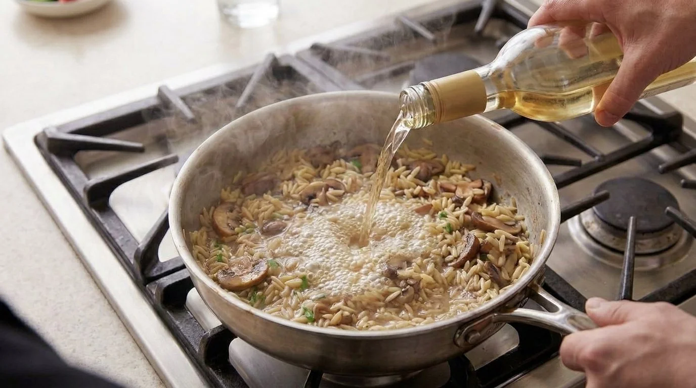 Mediterranean Diet Mushroom Risotto - Step 5: Deglaze with Wine