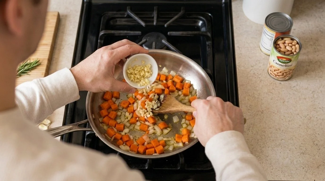 Mediterranean Diet Pasta Fagioli White Bean Soup Bowl - Step 3: Incorporate Garlic