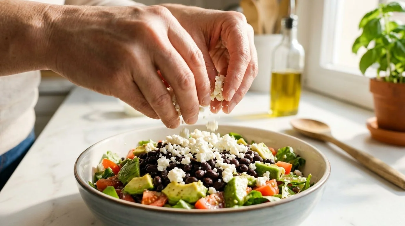 Mediterranean Diet Mexican Queso Fresco and Avocado Entrée Salad - Step 6: Finish Base with Cheese