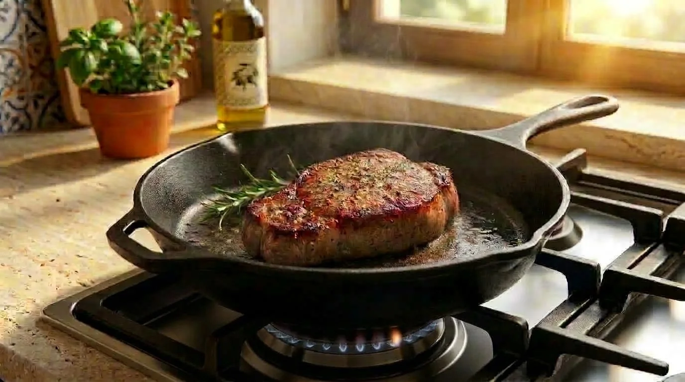 Mediterranean Diet Pork and Barley Bowl - Step 2: Preheat skillet 1 min; sear steak over med-low heat 3–4 mins per side to 145°F (63°C).