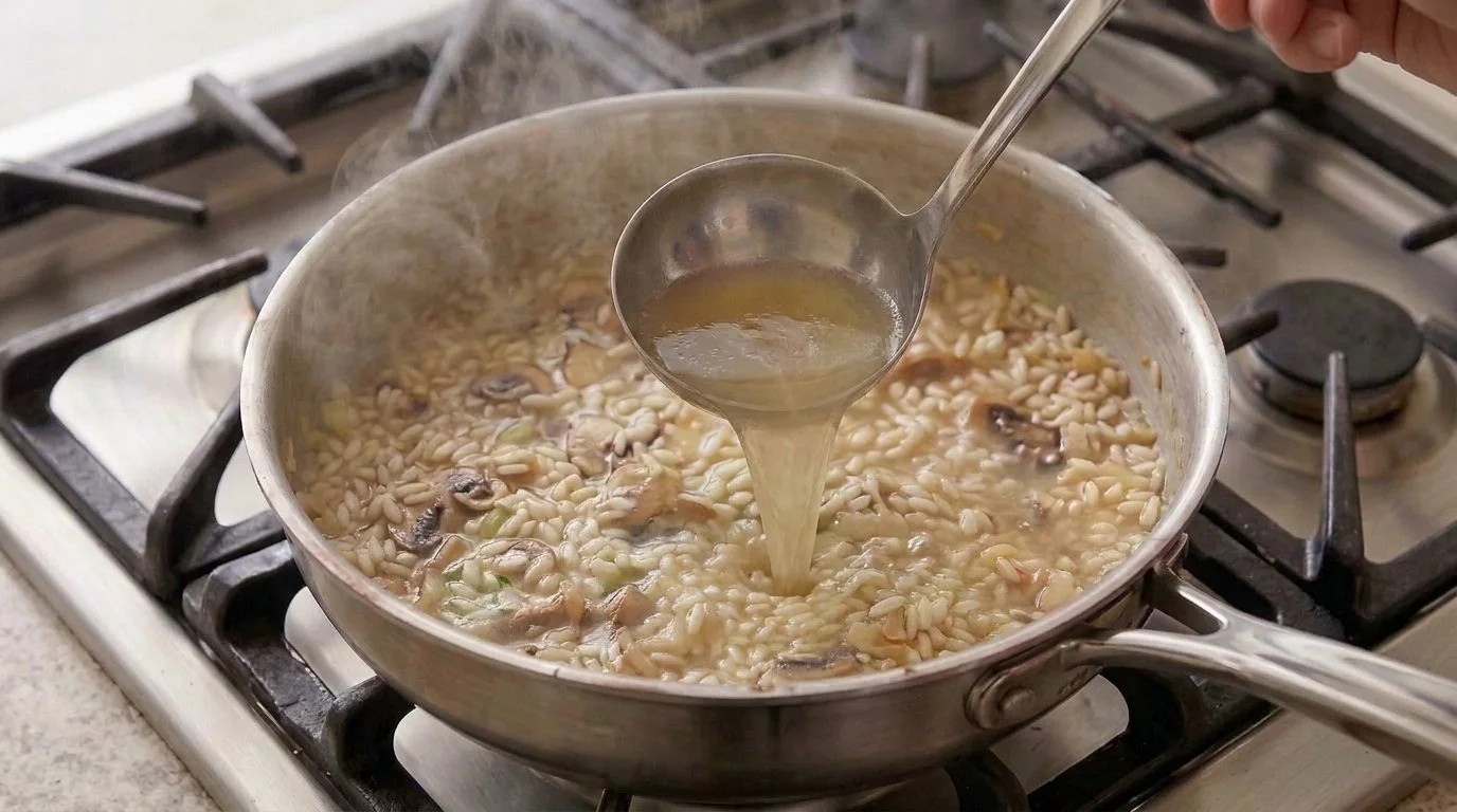 Mediterranean Diet Mushroom Risotto - Step 6: Ladle Stock