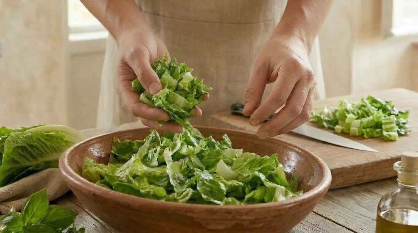 Mediterranean Diet Pork and Barley Bowl - Step 6: Place crisp romaine lettuce into large chilled serving bowls as a fresh foundation.